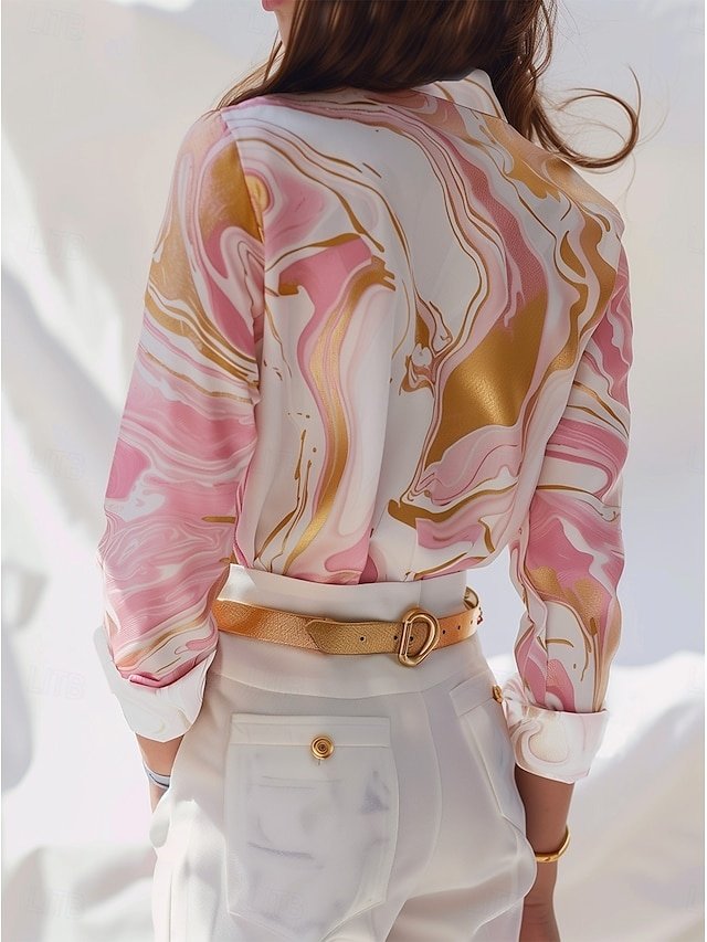 Elegant Loose Marble Print Button Down Long Sleeve Blouse - Image 2