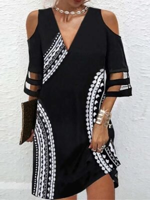 Elegant Loose Mesh Print V Neck 3/4 Sleeve Floral Mini Dress - Image 2