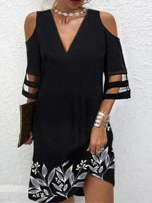 Elegant Loose Mesh Print V Neck 3/4 Sleeve Floral Mini Dress - Image 3