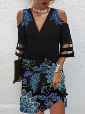 Elegant Loose Mesh Print V Neck 3/4 Sleeve Floral Mini Dress - Image 4