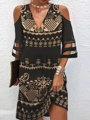 Elegant Loose Mesh Print V Neck 3/4 Sleeve Floral Mini Dress - Image 5