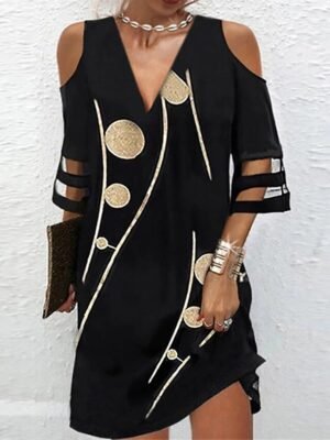 Elegant Loose Mesh Print V Neck 3/4 Sleeve Floral Mini Dress - Image 6