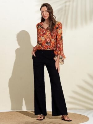 Elegant Loose Paisley Ruffle Sleeve Chiffon Blouse - Image 2
