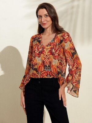 Elegant Loose Paisley Ruffle Sleeve Chiffon Blouse - Image 3