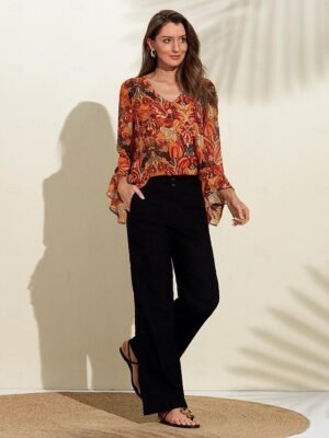 Elegant Loose Paisley Ruffle Sleeve Chiffon Blouse - Image 4