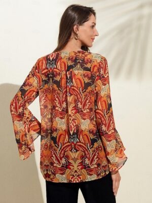 Elegant Loose Paisley Ruffle Sleeve Chiffon Blouse - Image 6