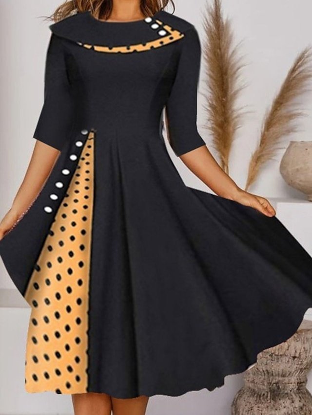Elegant Loose Plaid Polka Dot Crew Neck Half Sleeve Knee Length Dress - Image 1