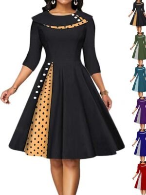 Elegant Loose Plaid Polka Dot Crew Neck Half Sleeve Knee Length Dress - Image 2