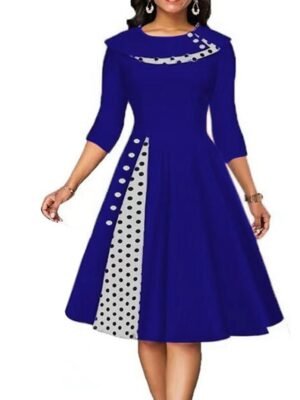 Elegant Loose Plaid Polka Dot Crew Neck Half Sleeve Knee Length Dress - Image 6