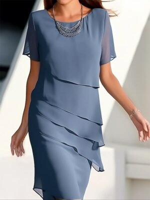 Elegant Loose Plain Short Sleeve Chiffon Midi Dress - Image 1