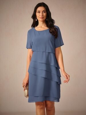 Elegant Loose Plain Short Sleeve Chiffon Midi Dress - Image 2