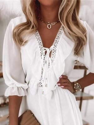 Elegant Loose Plain V Neck Half Sleeve Mini Dress - Image 2