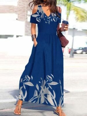 Elegant Loose Print V Neck Short Sleeve Maxi Dress - Image 1