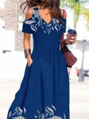 Elegant Loose Print V Neck Short Sleeve Maxi Dress - Image 2