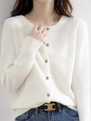 Elegant Loose Pure Colour Crew Neck Long Sleeve Cardigan - Image 1