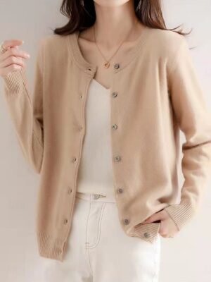 Elegant Loose Pure Colour Crew Neck Long Sleeve Cardigan - Image 10