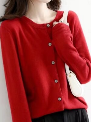 Elegant Loose Pure Colour Crew Neck Long Sleeve Cardigan - Image 11