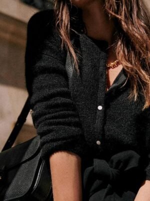 Elegant Loose Pure Colour Crew Neck Long Sleeve Cardigan - Image 11