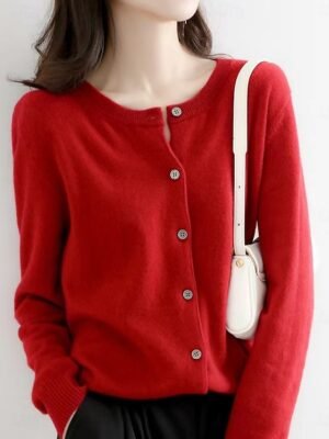Elegant Loose Pure Colour Crew Neck Long Sleeve Cardigan - Image 12