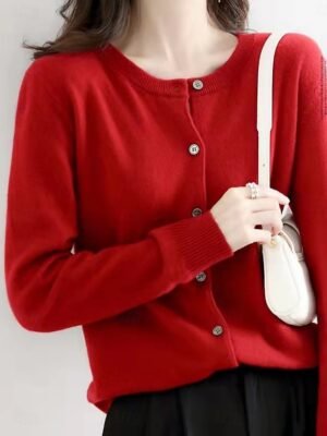 Elegant Loose Pure Colour Crew Neck Long Sleeve Cardigan - Image 13