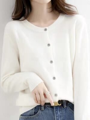 Elegant Loose Pure Colour Crew Neck Long Sleeve Cardigan - Image 2
