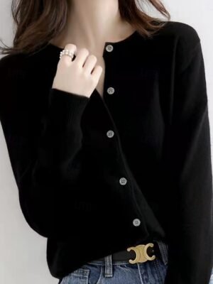 Elegant Loose Pure Colour Crew Neck Long Sleeve Cardigan - Image 3