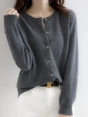 Elegant Loose Pure Colour Crew Neck Long Sleeve Cardigan - Image 4