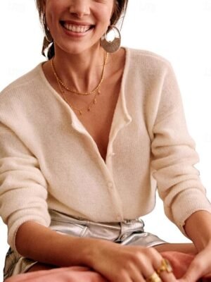 Elegant Loose Pure Colour Crew Neck Long Sleeve Cardigan - Image 5