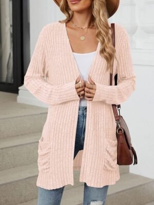 Elegant Loose Pure Colour Open Front Long Sleeve Cardigan - Image 12