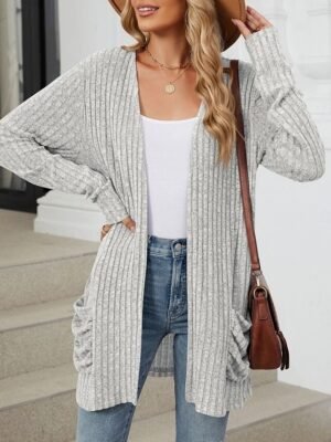 Elegant Loose Pure Colour Open Front Long Sleeve Cardigan - Image 14