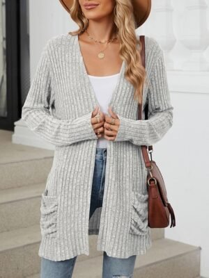 Elegant Loose Pure Colour Open Front Long Sleeve Cardigan - Image 15