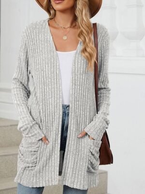 Elegant Loose Pure Colour Open Front Long Sleeve Cardigan - Image 16