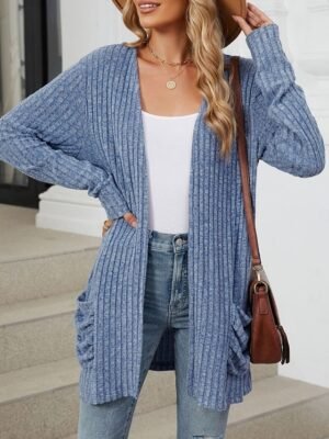 Elegant Loose Pure Colour Open Front Long Sleeve Cardigan - Image 3