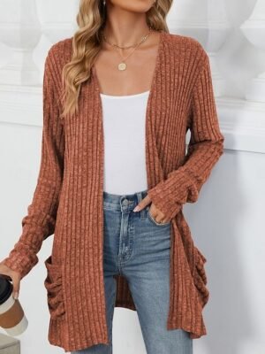 Elegant Loose Pure Colour Open Front Long Sleeve Cardigan - Image 6