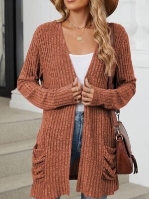 Elegant Loose Pure Colour Open Front Long Sleeve Cardigan - Image 8