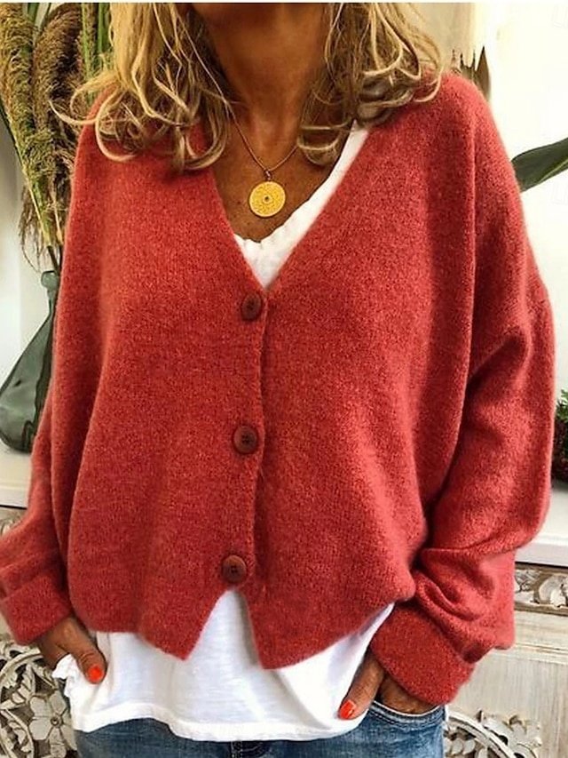 Elegant Loose Pure Colour V Neck Long Sleeve Regular Cardigan - Image 1