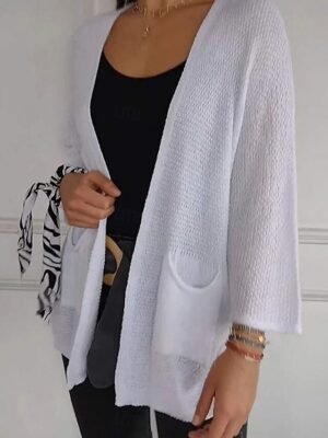 Elegant Loose Pure Colour V Neck Long Sleeve Regular Cardigan - Image 3