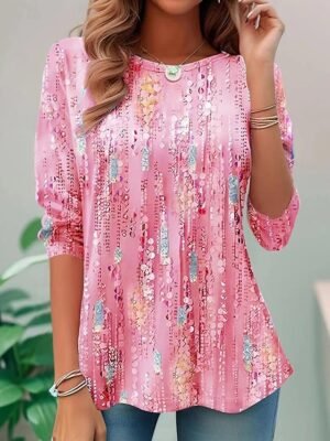 Elegant Loose Sequin Floral Keyhole Neck Three-Quarter Sleeve Blouse - Image 10