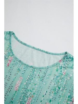 Elegant Loose Sequin Floral Keyhole Neck Three-Quarter Sleeve Blouse - Image 13