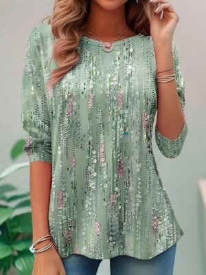 Elegant Loose Sequin Floral Keyhole Neck Three-Quarter Sleeve Blouse - Image 2