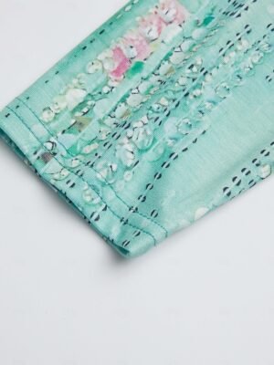 Elegant Loose Sequin Floral Keyhole Neck Three-Quarter Sleeve Blouse - Image 7