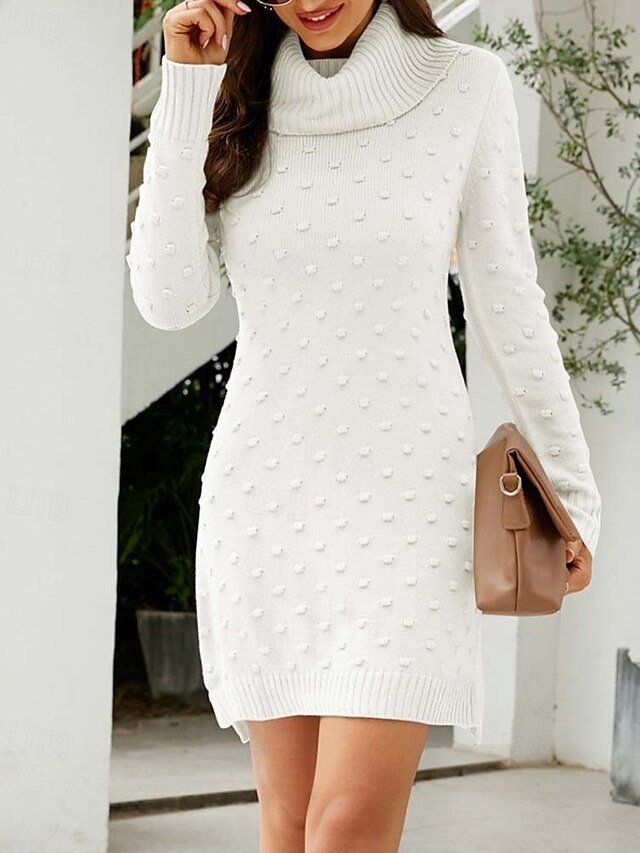 Elegant Loose Solid Cowl Neck Long Sleeve Sweater Dress - Image 1