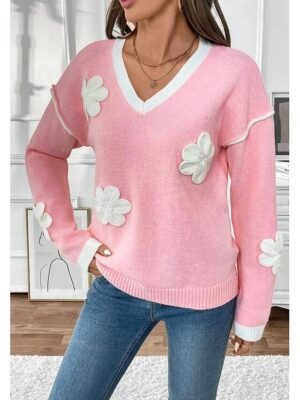 Elegant Loose Solid Crew Neck 3/4 Sleeve Knit Sweater - Image 3