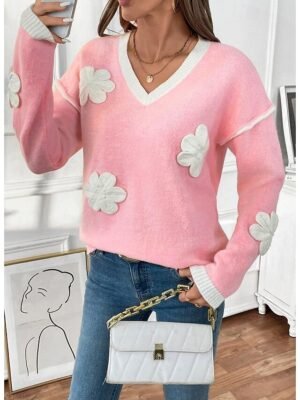 Elegant Loose Solid Crew Neck 3/4 Sleeve Knit Sweater - Image 5