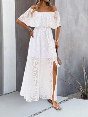 Elegant Loose Solid Off Shoulder Ruffle Short Sleeve Maxi Dress - Image 2