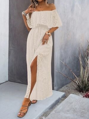 Elegant Loose Solid Off Shoulder Ruffle Short Sleeve Maxi Dress - Image 4