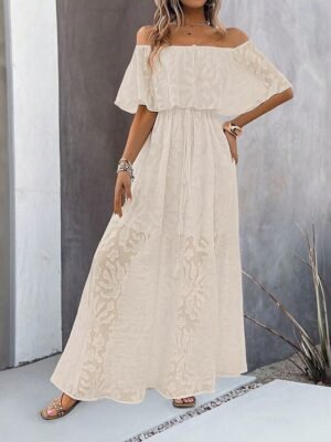 Elegant Loose Solid Off Shoulder Ruffle Short Sleeve Maxi Dress - Image 5