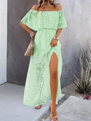 Elegant Loose Solid Off Shoulder Ruffle Short Sleeve Maxi Dress - Image 6