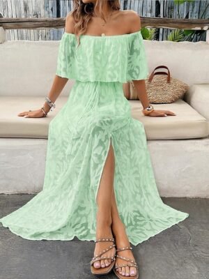 Elegant Loose Solid Off Shoulder Ruffle Short Sleeve Maxi Dress - Image 7