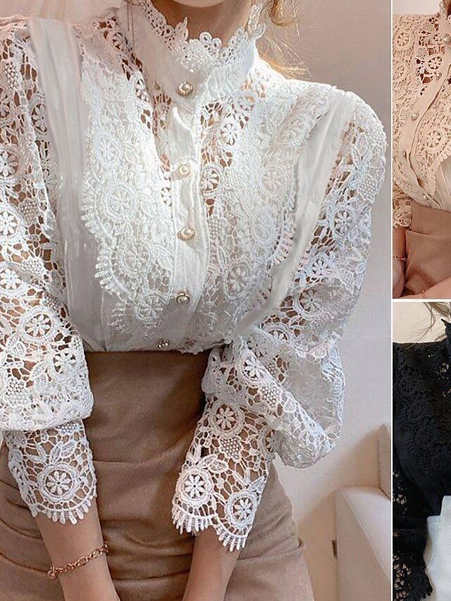 Elegant Loose Solid Shirt Collar Long Sleeve Lace Blouse - Image 2